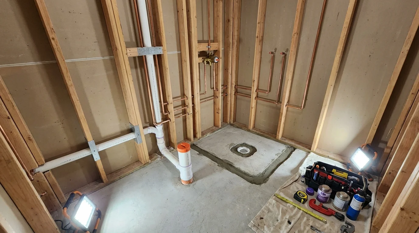 Bathroom rough-in plumbing during remodel by Johns Plumbing LLC in Brielle