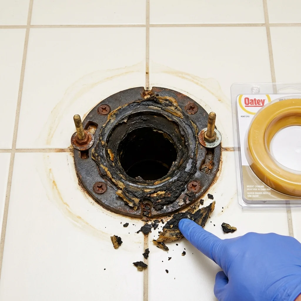 Failed wax ring showing water seepage at the base of a toilet in a Brielle, NJ home