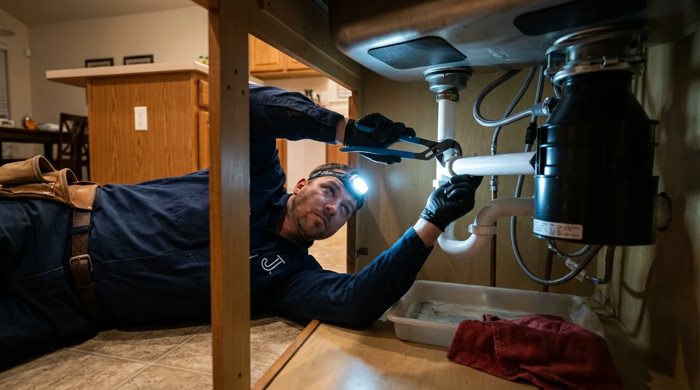 P-trap and supply line connections under a kitchen sink showing a common leak point in Brielle, NJ